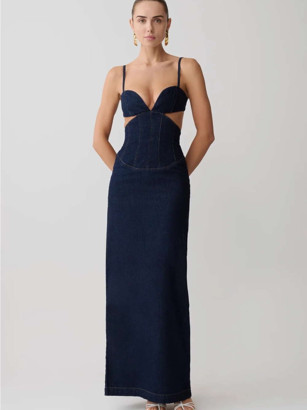 Meshki  Amila Denim Cupped Maxi Dress - Indigo Blue new with tags